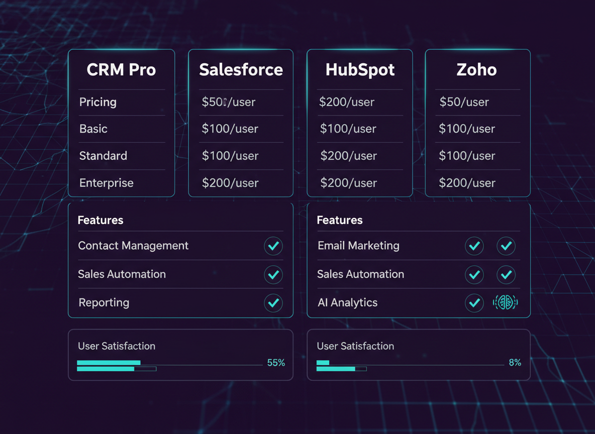 CRM comparison dashboard showing CRM Pro, Salesforce, HubSpot, and Zoho side by side with feature checkmarks and pricing columns