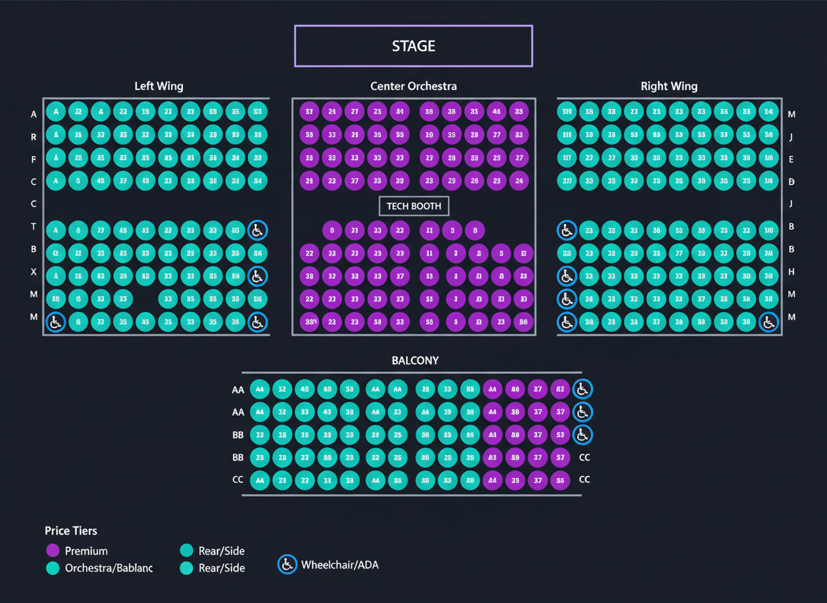 CurtainCall interactive seat map with color-coded pricing tiers