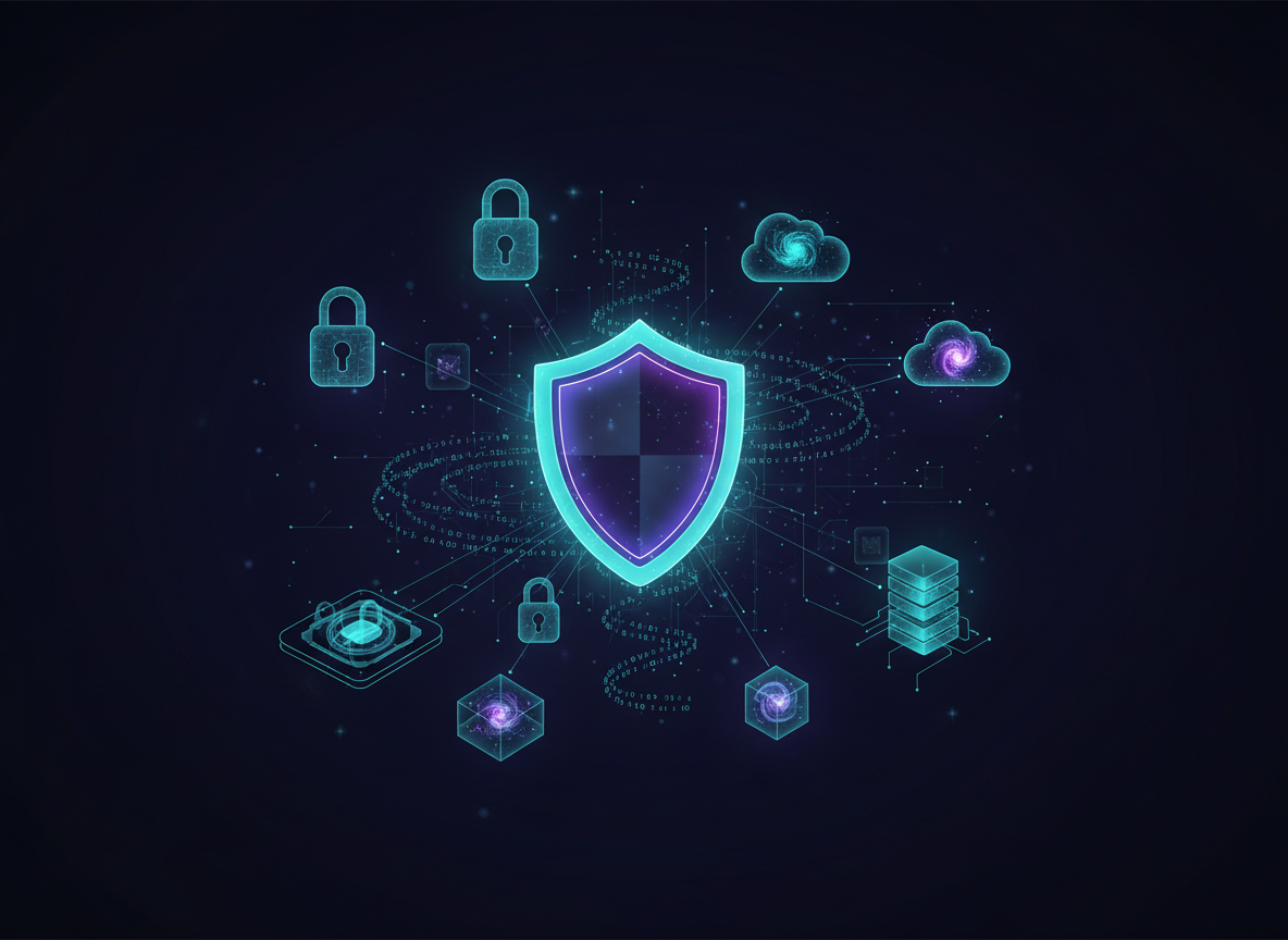 Enterprise security and cloud infrastructure visualization showing encrypted data streams, server nodes, and security shields representing Metorox enterprise features