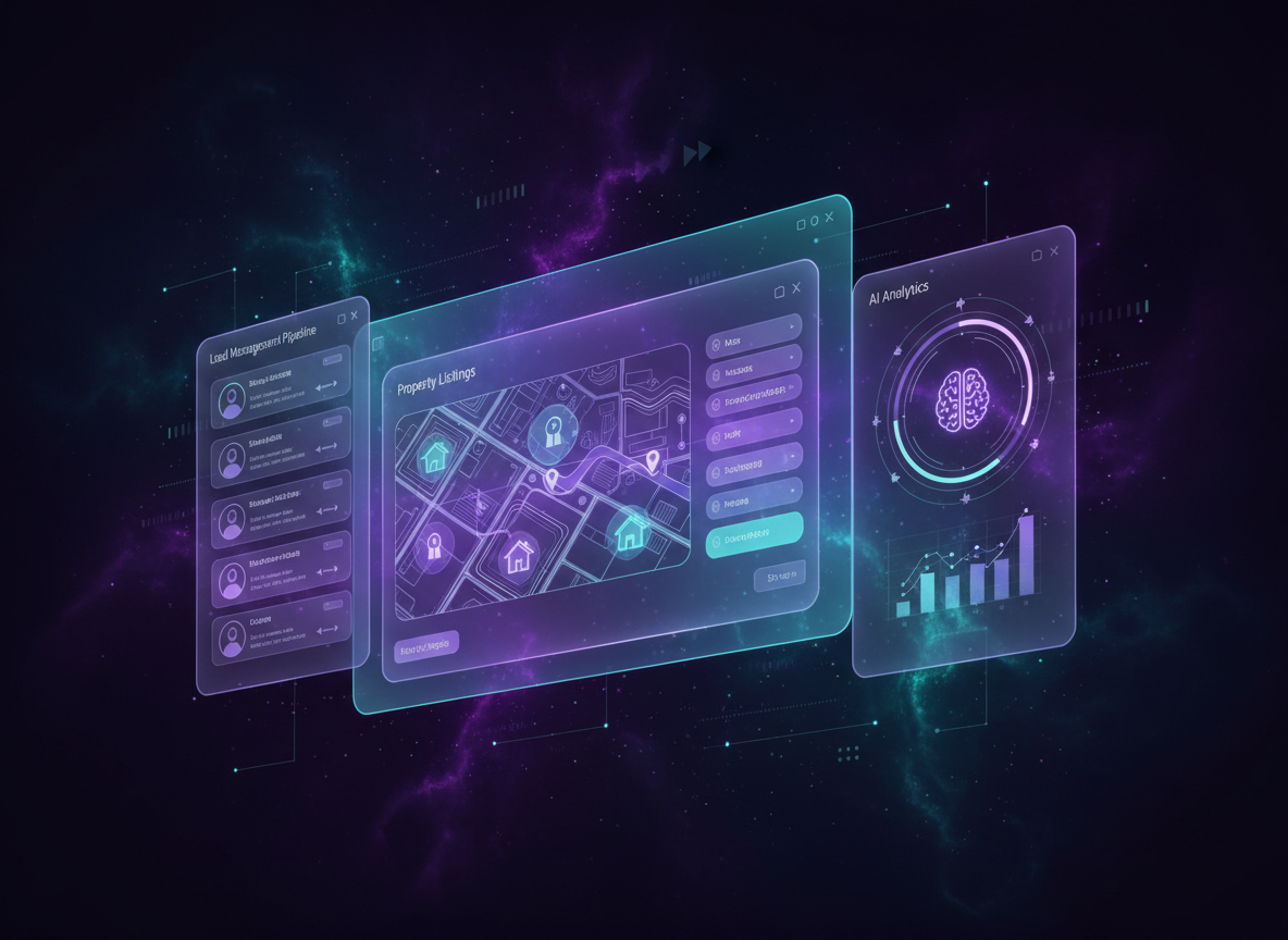 AI-powered real estate CRM dashboard showing lead management pipeline, property listings, and analytics by Metorox Realtor Hub