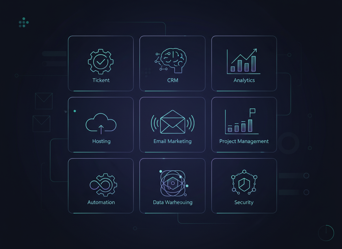Metorox SaaS product suite dashboard showing multiple business software applications including CRM, ticketing, analytics, and automation tools