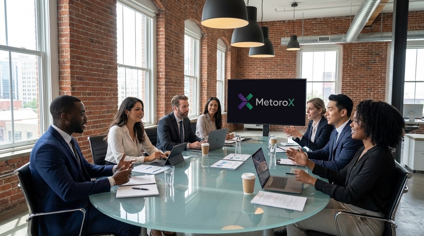 Metorox Software team in a collaborative meeting with the MetoroX logo displayed
