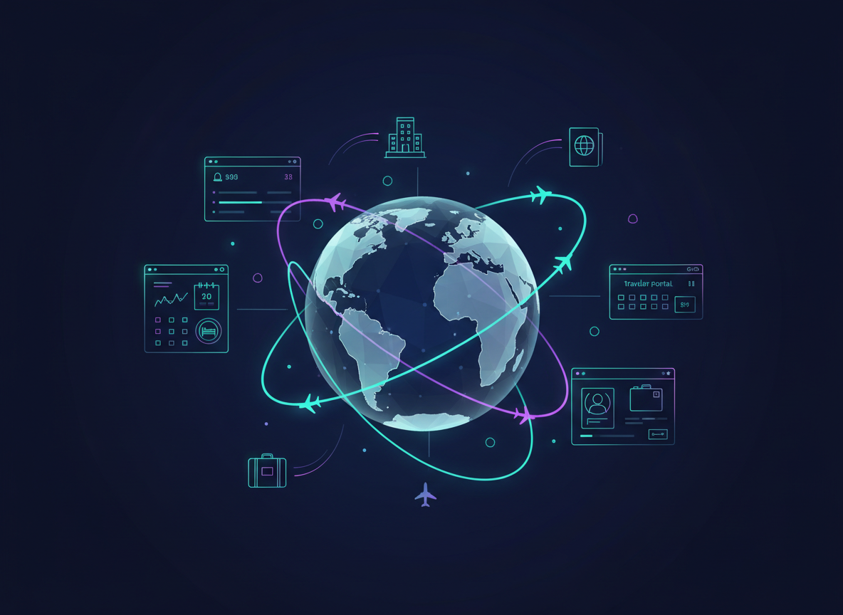 Travel Pro platform — globe with flight paths, booking dashboards, and traveler portal interfaces by Metorox Software