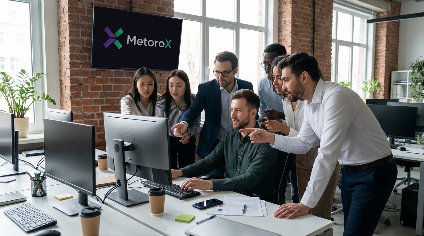 Ryan Pullman, founder of Metorox Software, collaborating at a modern office workspace with the Metorox logo on screen