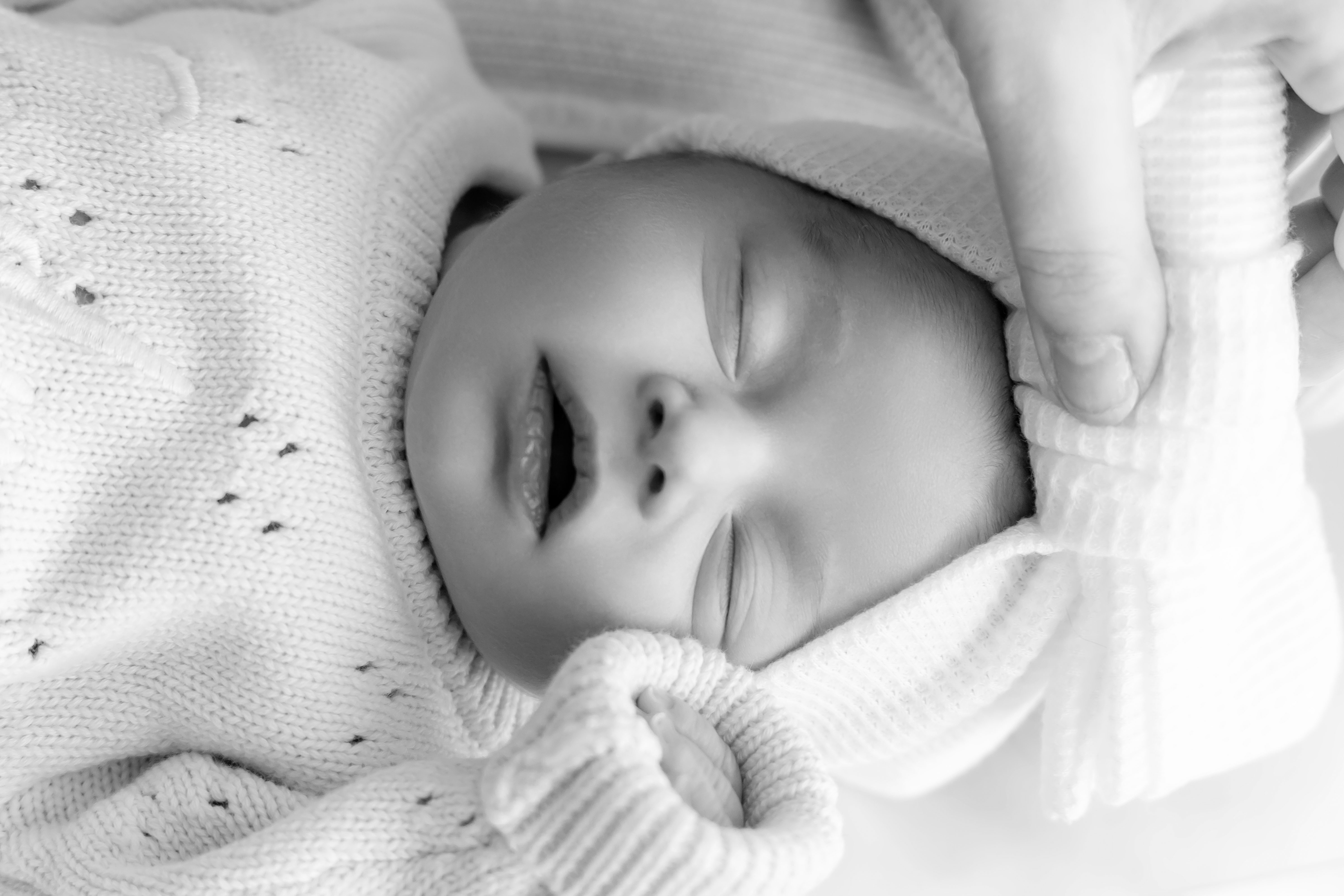 Fresh 48 black & white — intimate close-up of sleeping newborn cradled in parent's hand