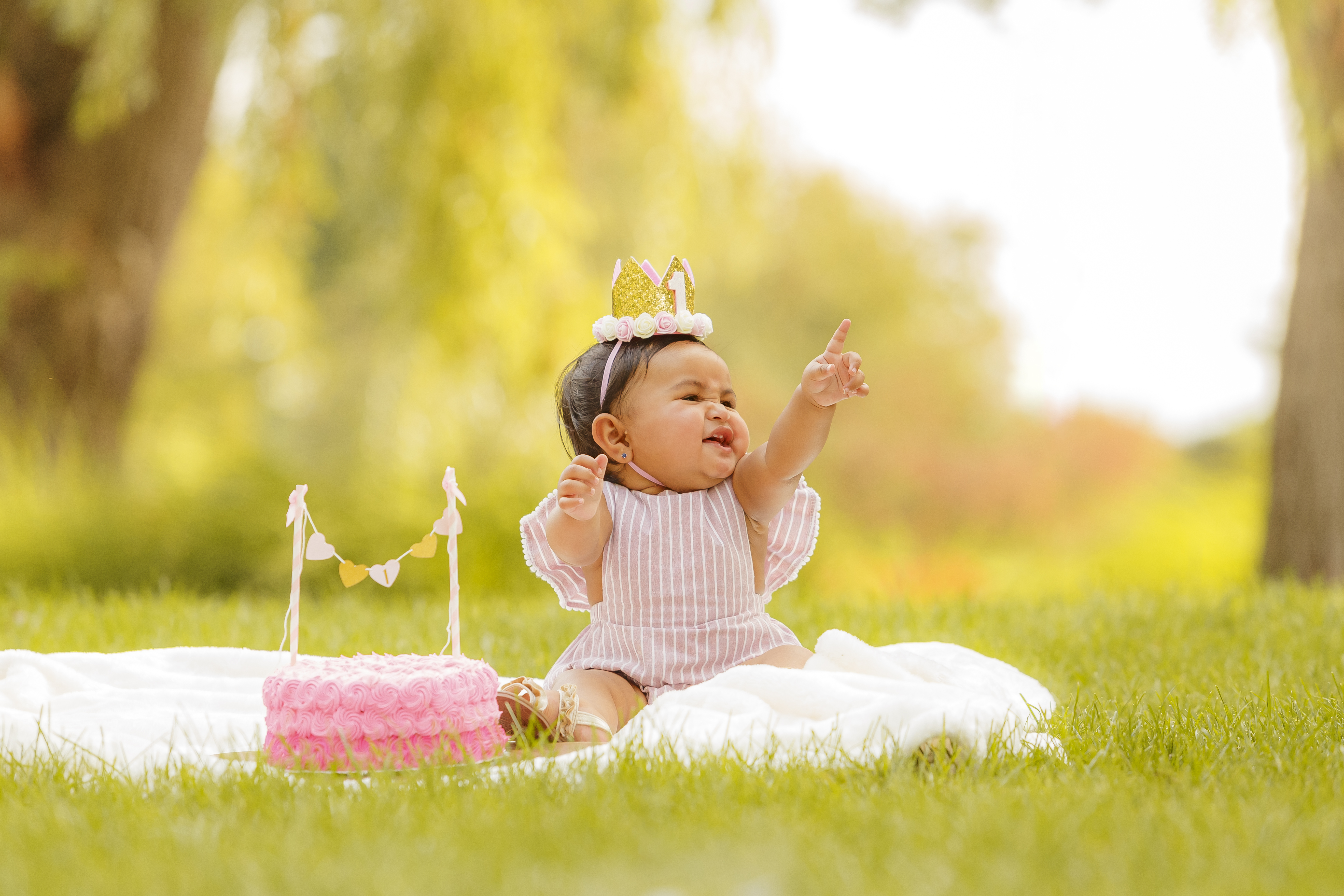 Baby girl pointing with excitement during outdoor cake smash — IDTPhoto Aurora IL