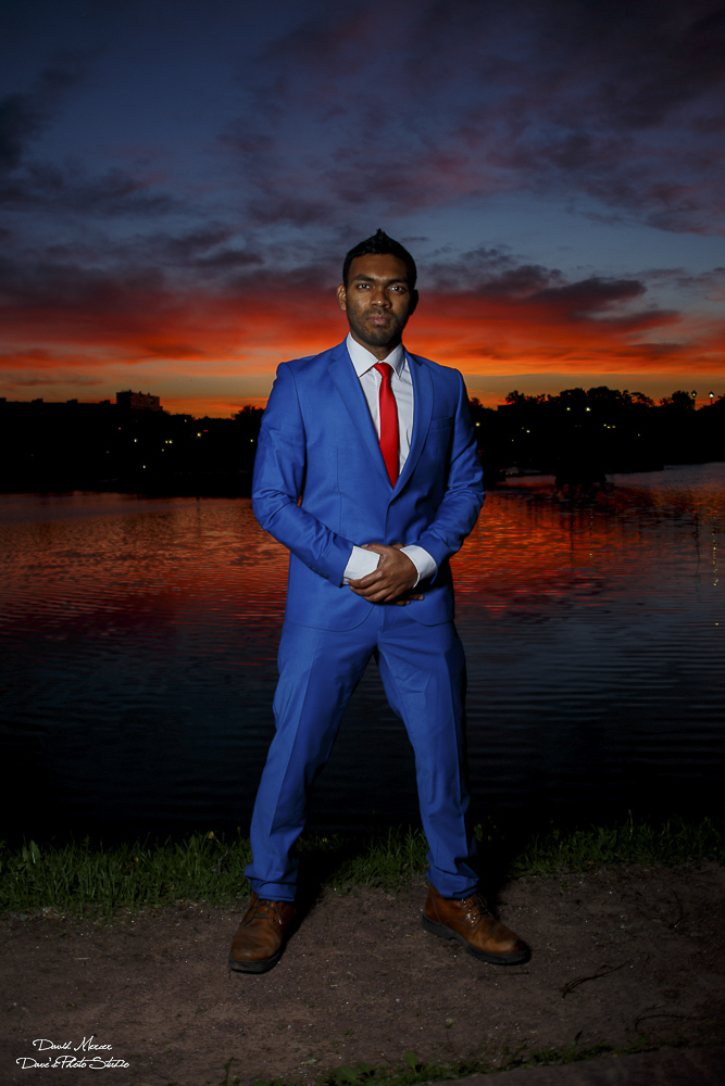 Men's modeling portfolio — full-length suit portrait at sunset — IDT Photo Chicagoland
