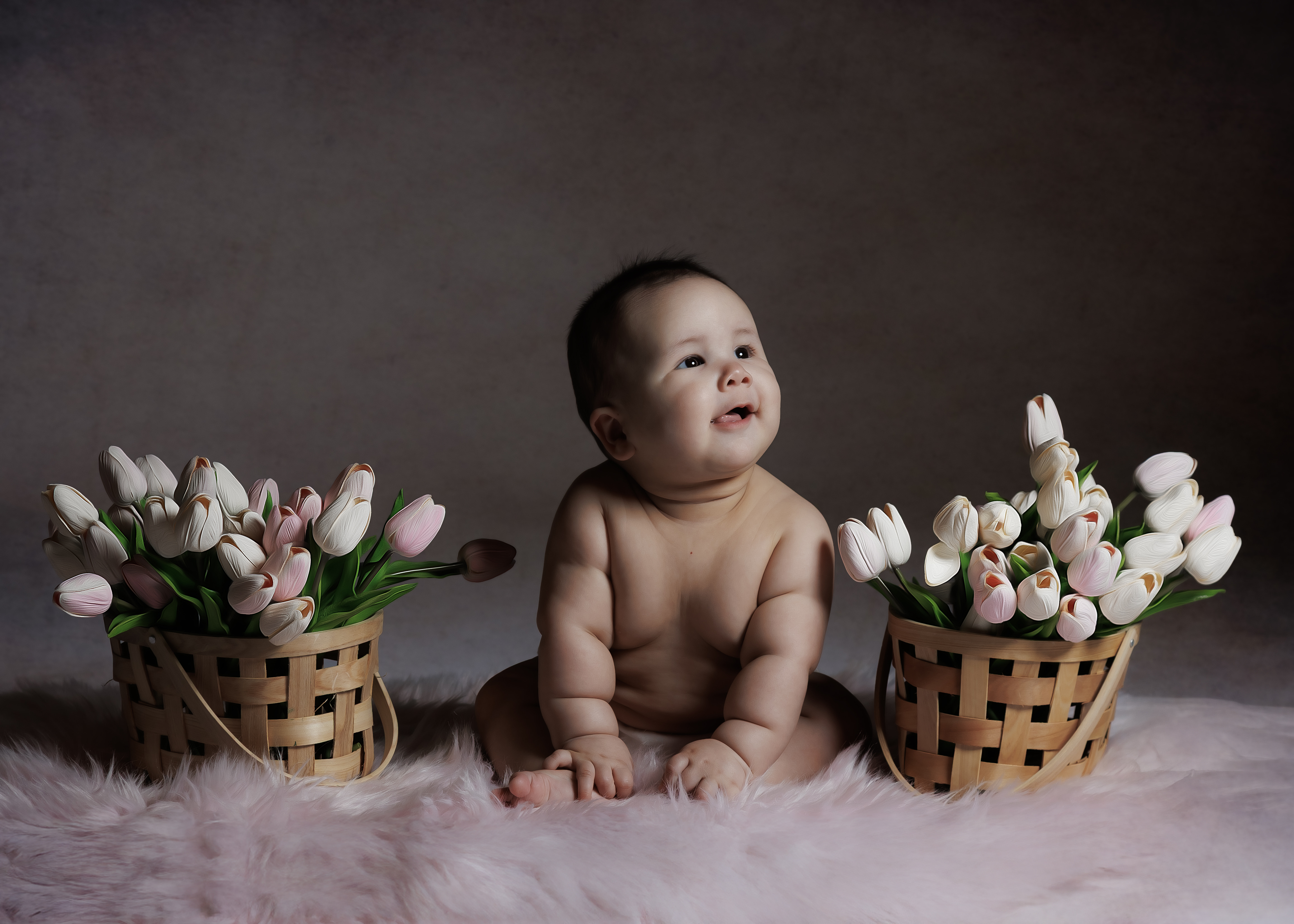 6-month baby sitting between two tulip flower baskets on pink fur rug looking up with delight — IDTPhoto Aurora IL