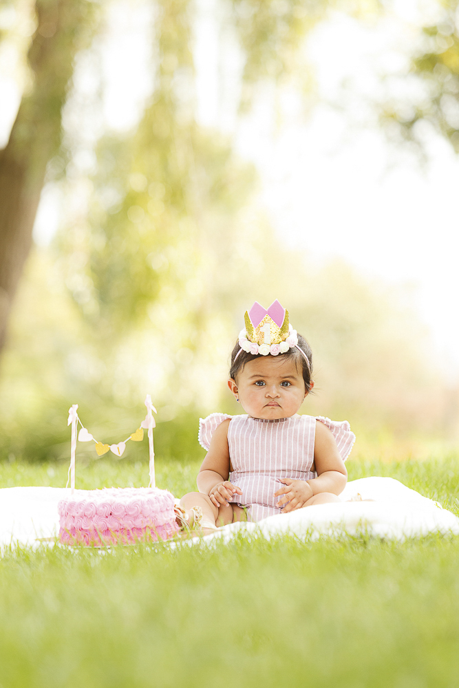 Baby girl in pink striped dress with party crown headband and pink smash cake outdoors