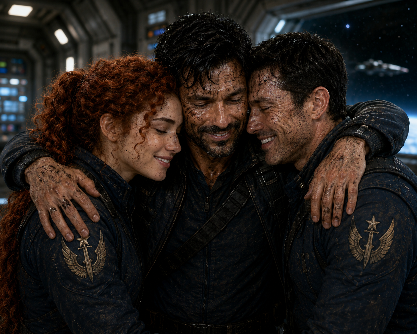 The crew of the Zephyr — battered, scarred, and still standing.
