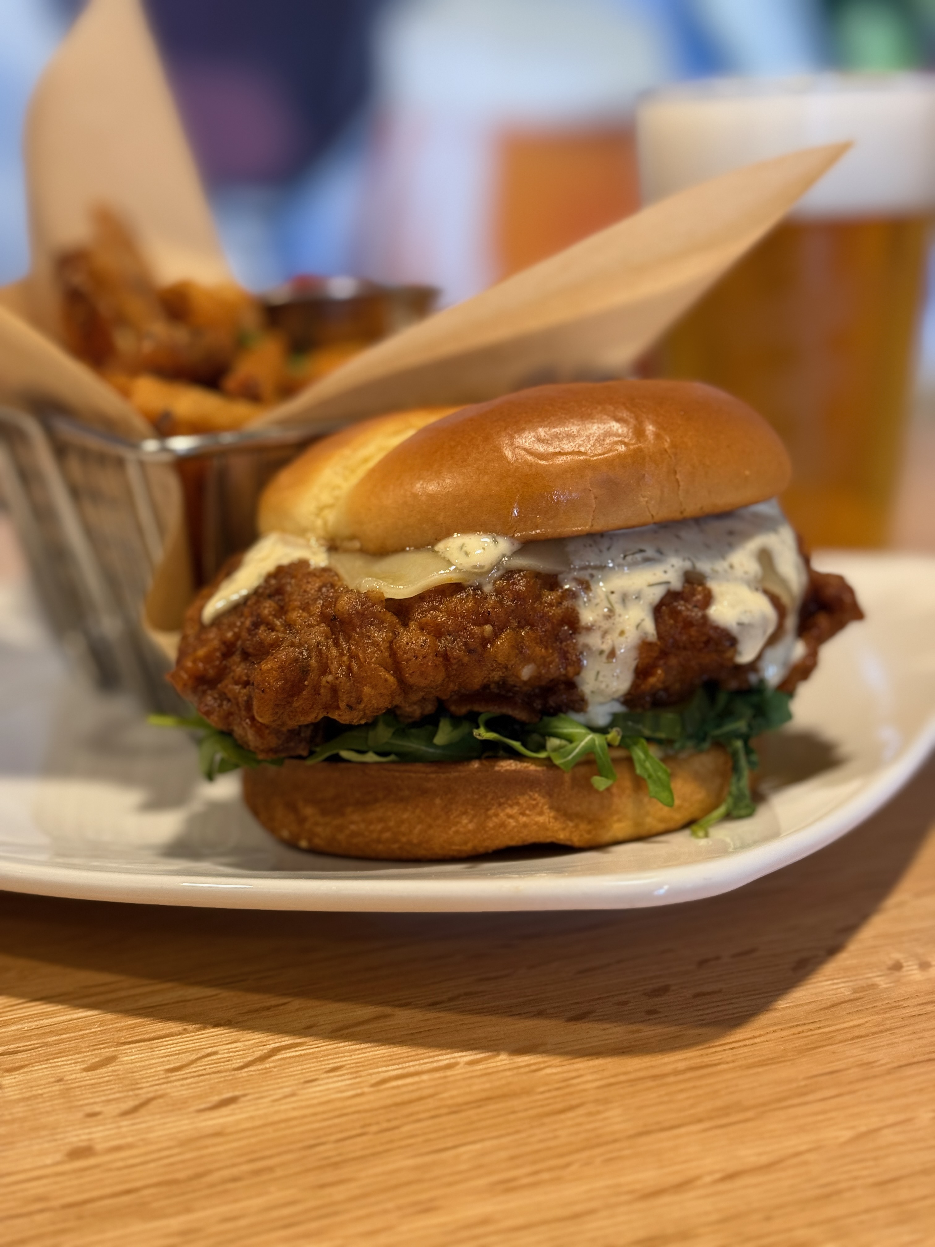 Crispy fried chicken sandwich on brioche bun