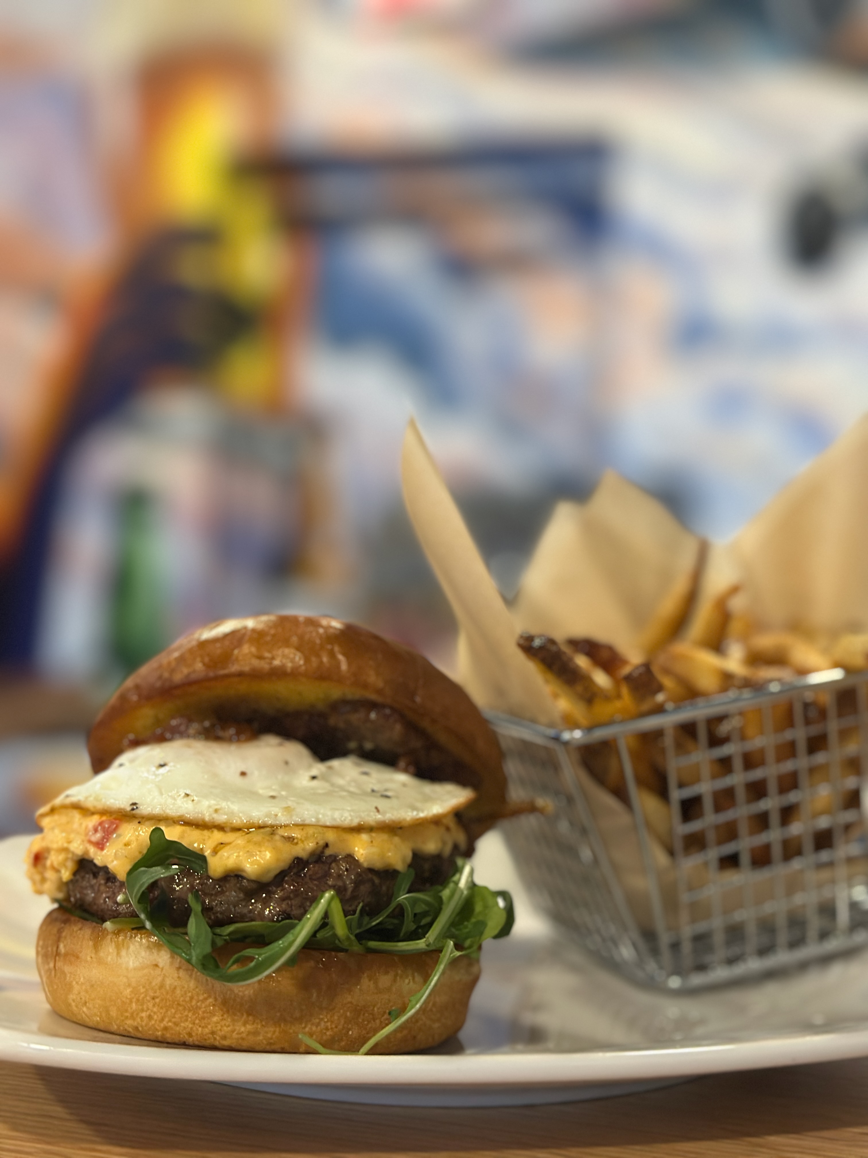 Pimento cheese burger with fried egg — VRTX fan favorite