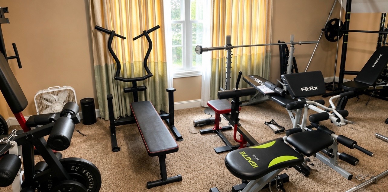 Home gym equipment setup with benches and weights