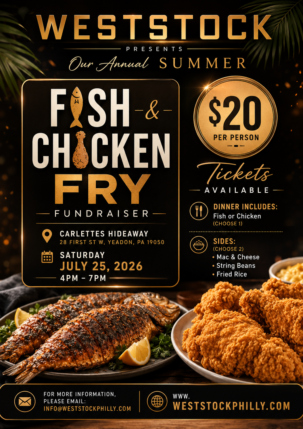 Weststock Fish & Chicken Fry Fundraiser - July 25, 2026 at Carlettes Hideaway, 28 First St W, Yeadon PA 19050 - $20 per person - 4PM to 7PM
