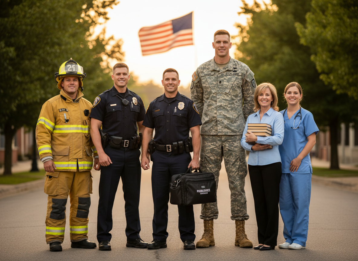 Community heroes — firefighter, police officer, EMT, soldier, teacher, and nurse standing together