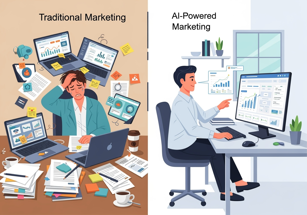 Traditional marketing chaos vs AI-powered success comparison