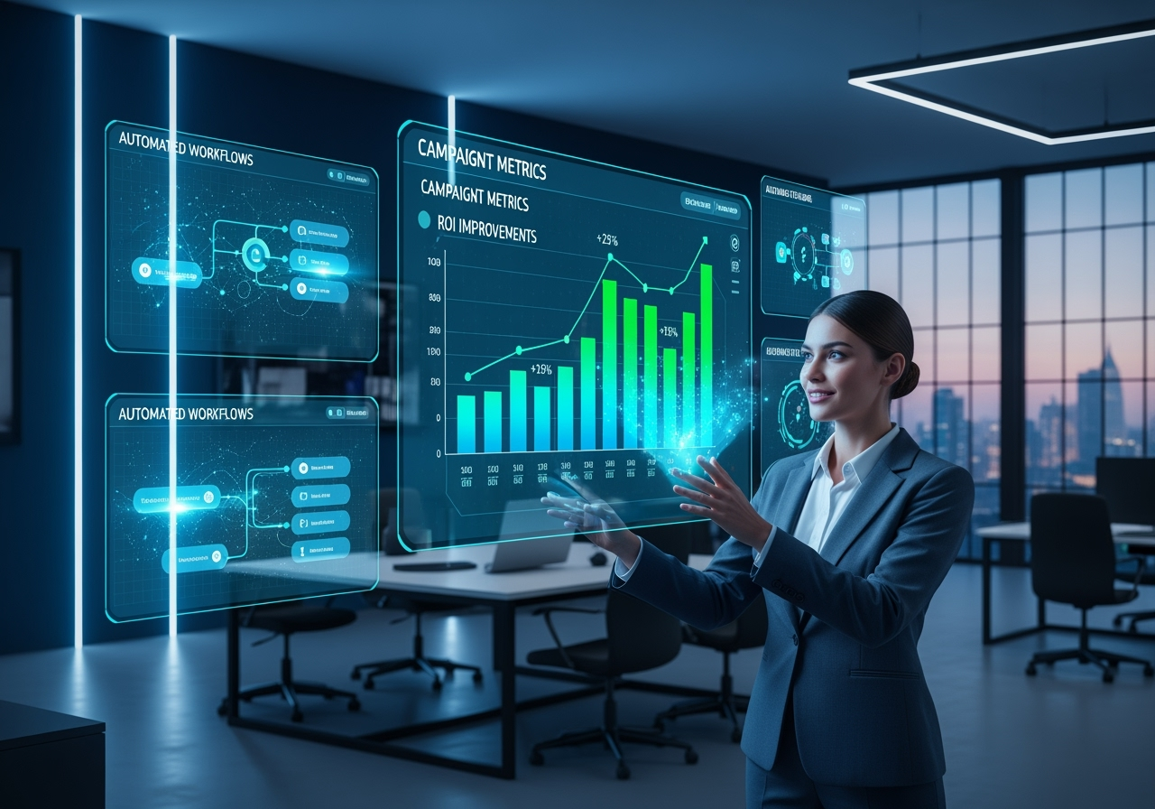 AI marketing dashboard showing successful metrics and automation