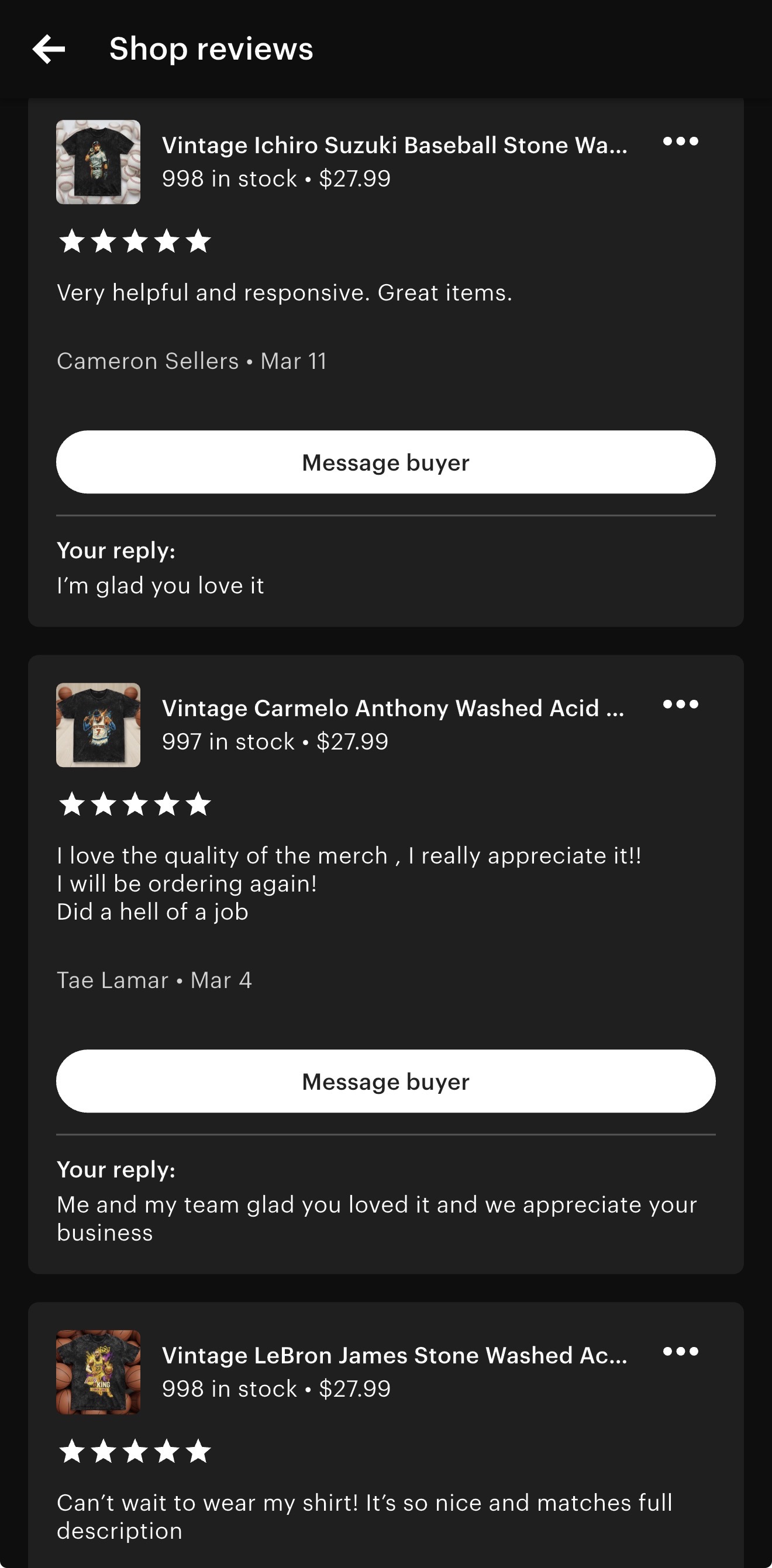 Shop reviews screenshot showing 5-star reviews from customers