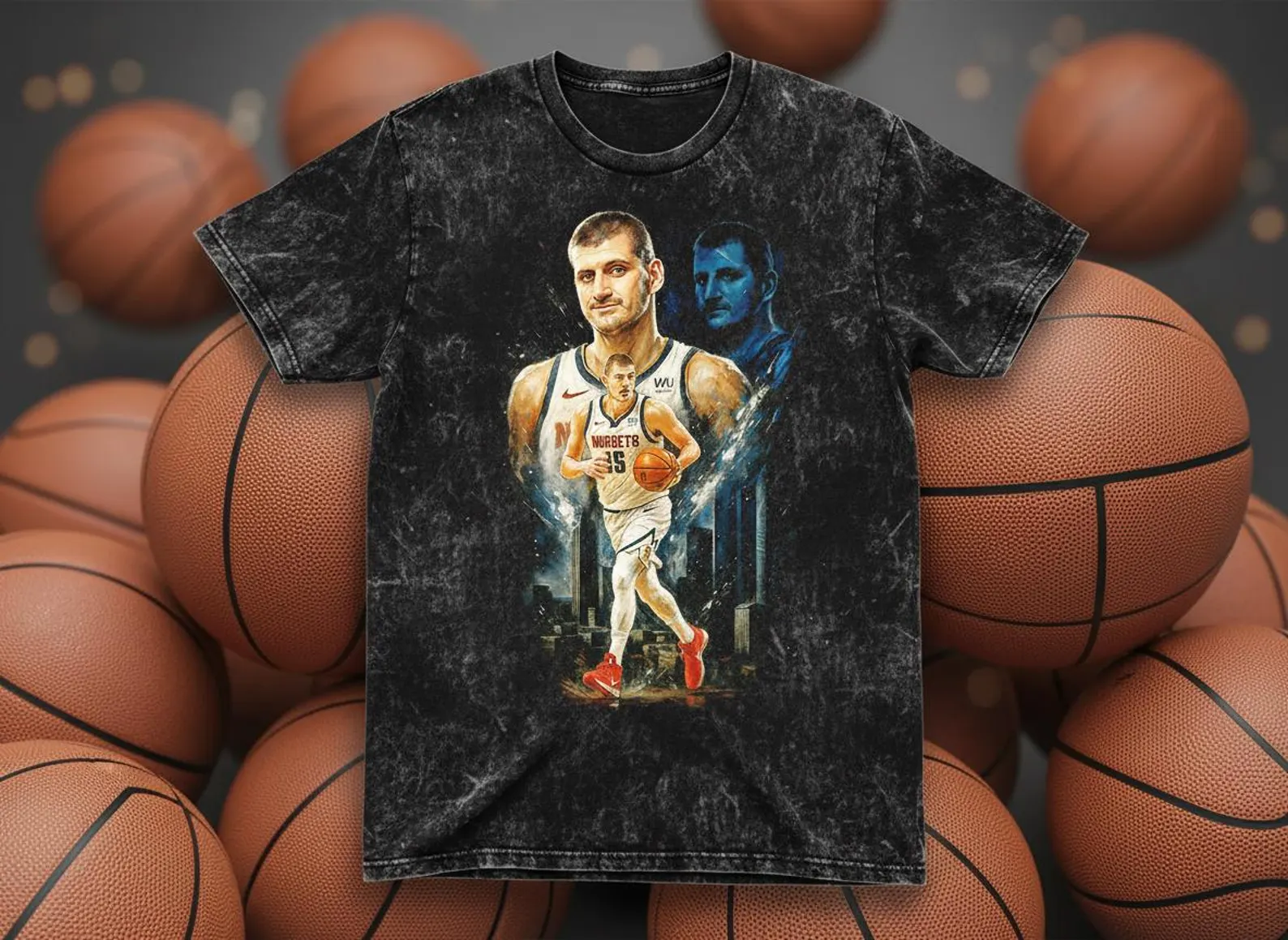 Jokic #15 Nuggets City Skyline Throwback Vintage Tee