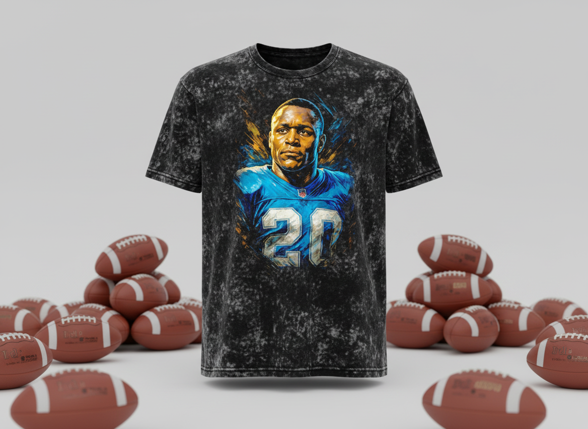 Barry Sanders #20 Lions Blue Portrait Throwback Vintage Tee