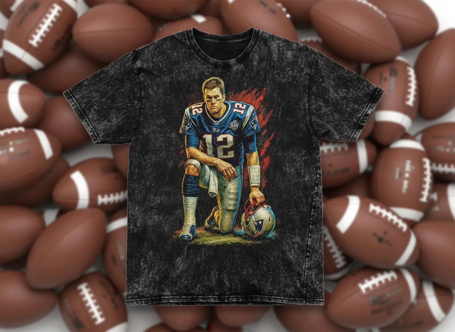 Tom Brady #12 Patriots Kneeling Throwback Vintage Tee