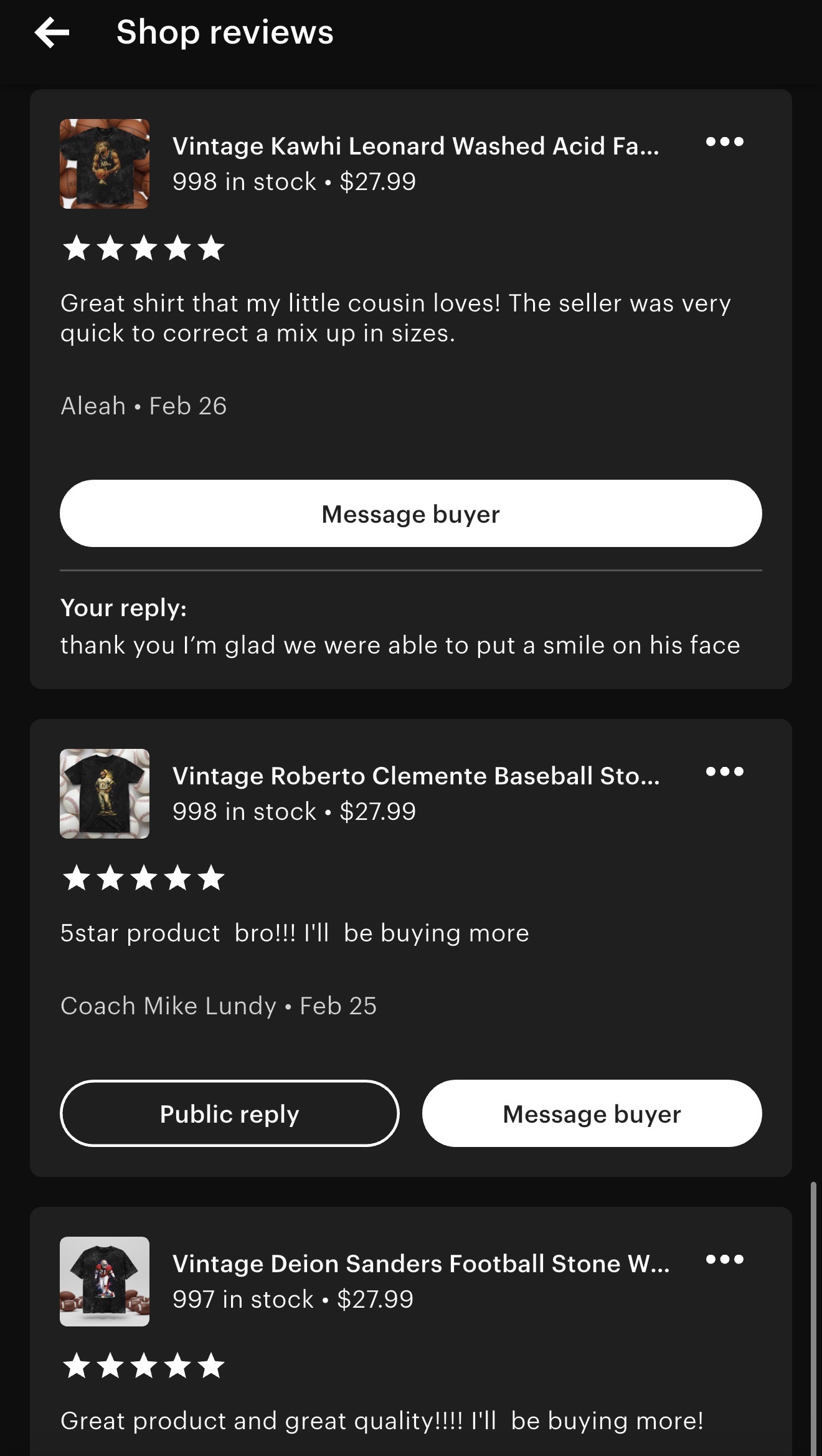 Shop reviews screenshot showing 5-star reviews from customers