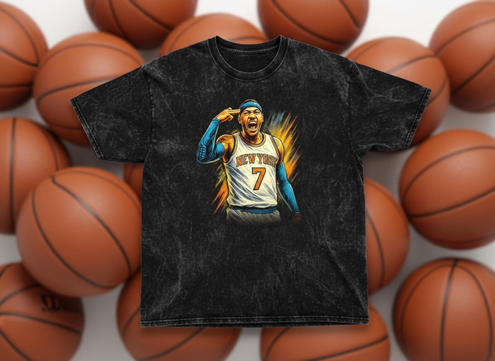 Carmelo #7 New York Knicks Finger Gun Throwback Vintage Tee