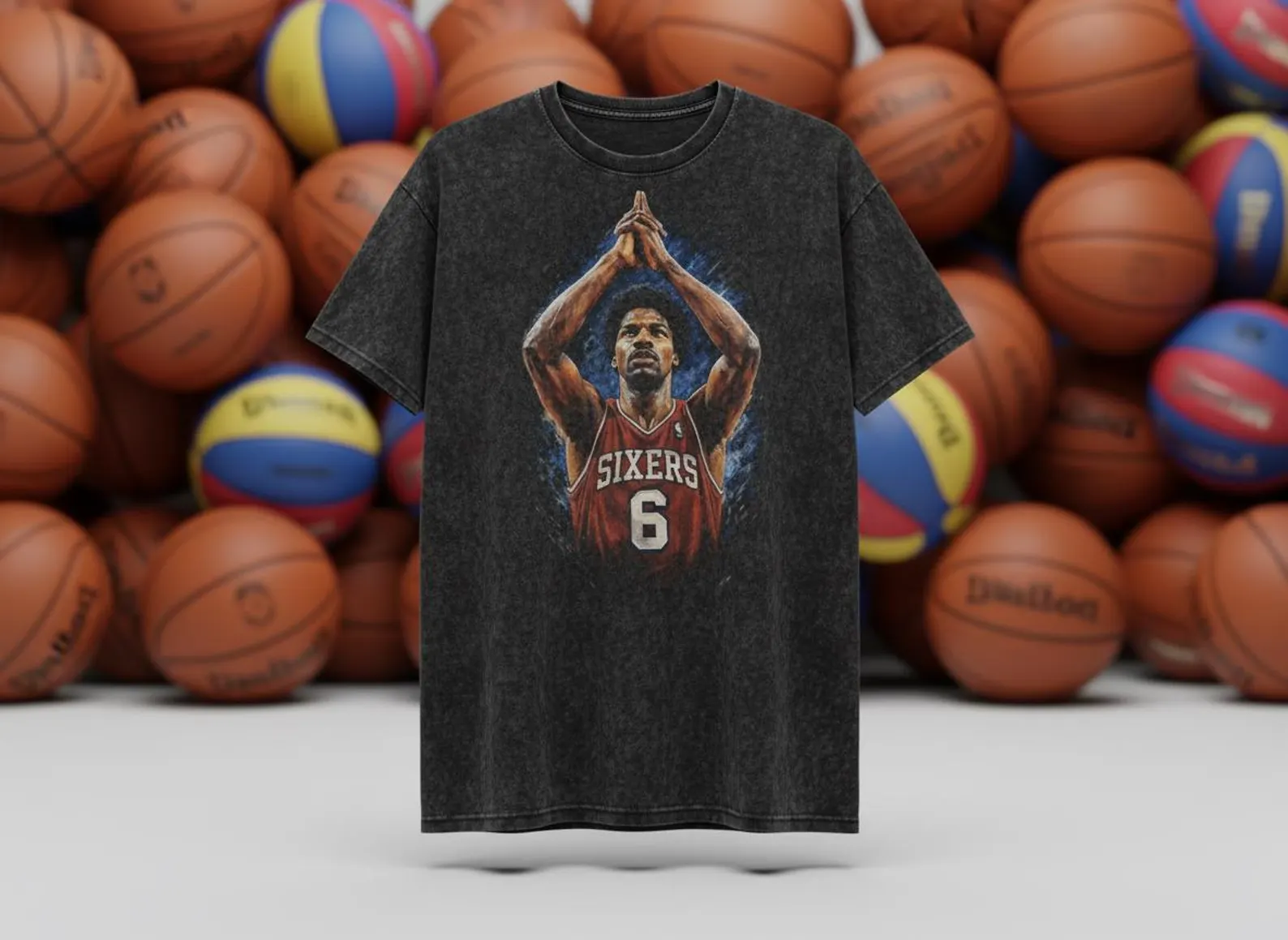 Dr. J #6 Sixers Pray Pose Throwback Vintage Tee