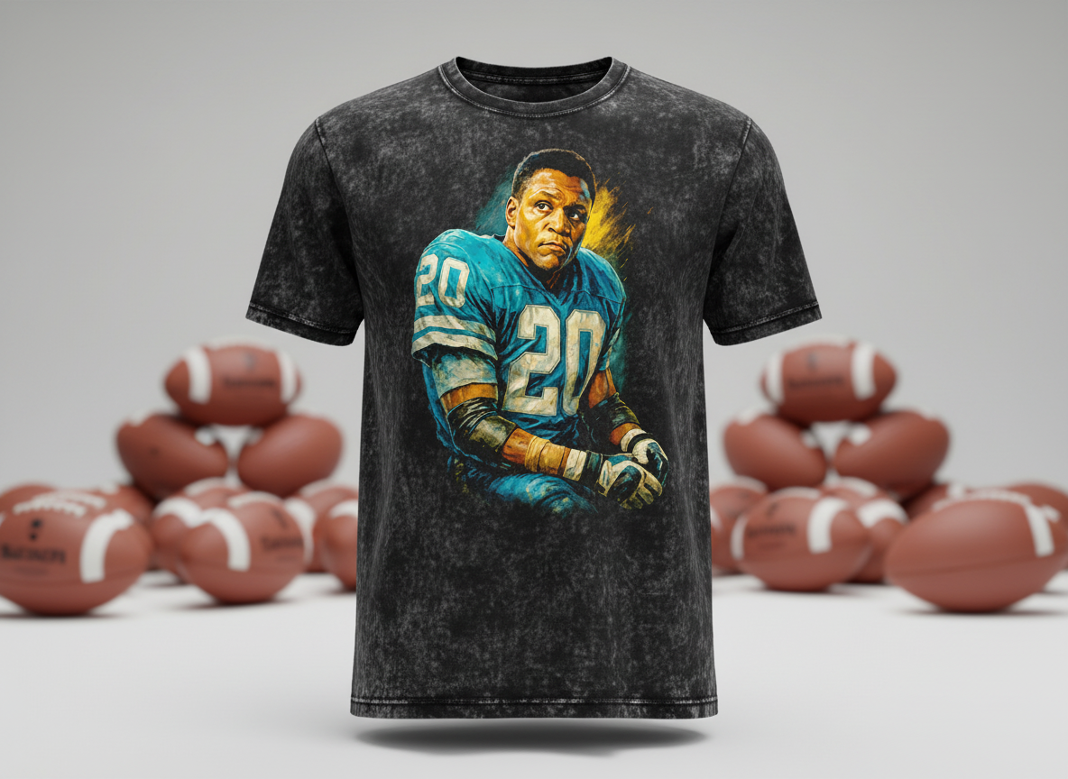 Barry Sanders #20 Lions Teal Portrait Throwback Vintage Tee