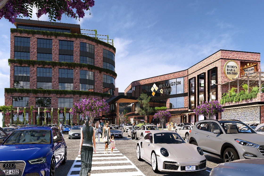 Architectural render of the proposed Wellington Square expansion \u2014 external view with office building and new retail precinct