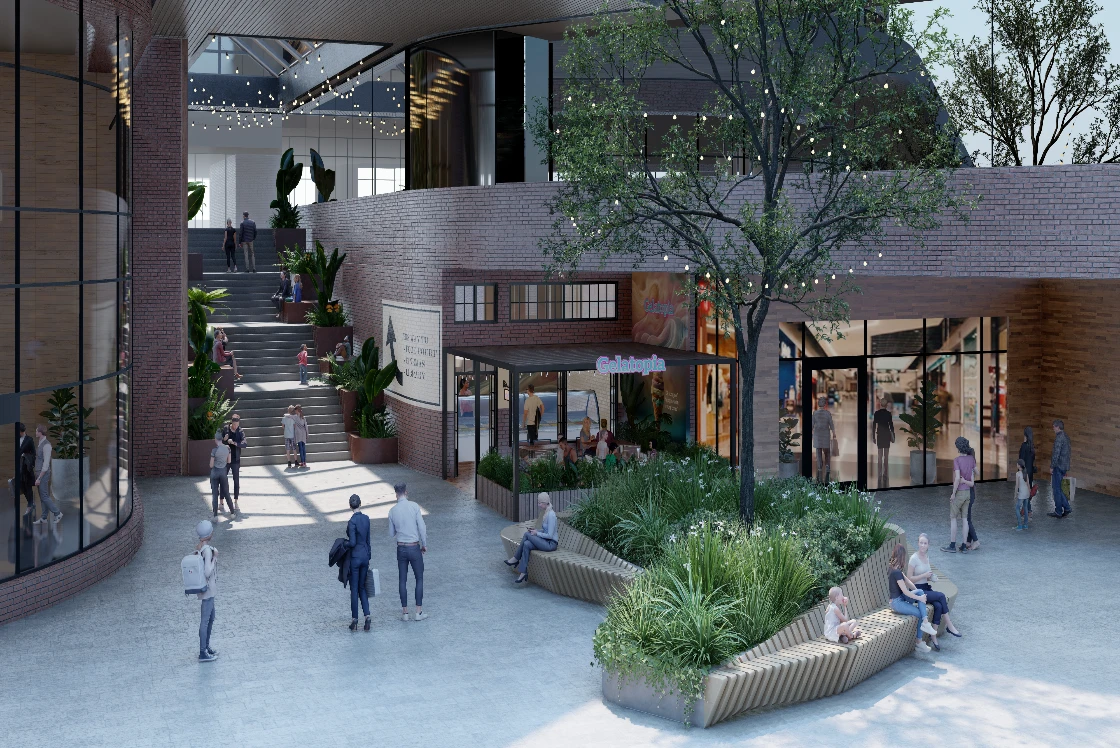 Architectural render of the proposed Wellington Square internal atrium with stairs, greenery and retail stores