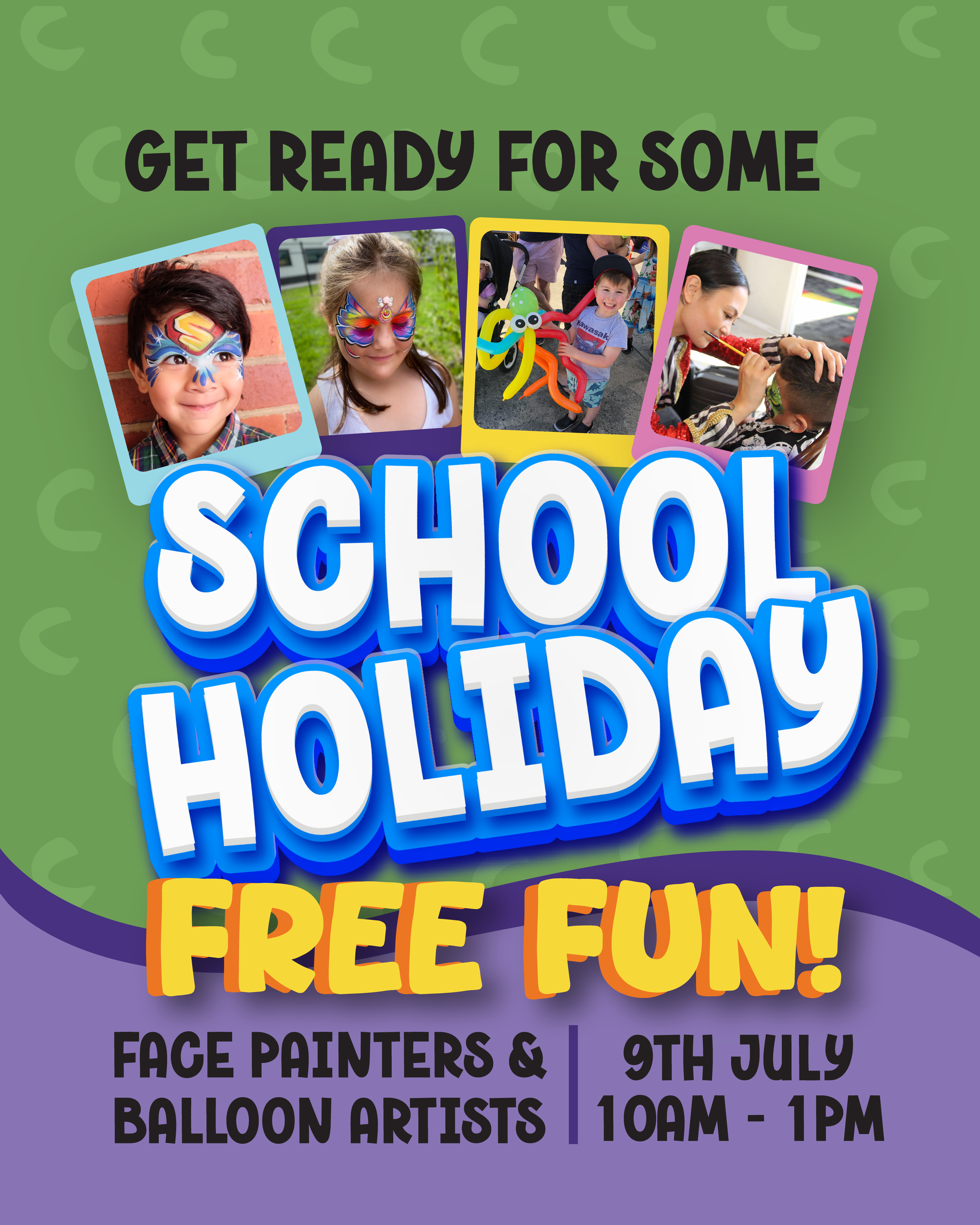 July school holiday free fun at Wellington Square — face painters and balloon artists — Thursday 9th July 10am to 1pm