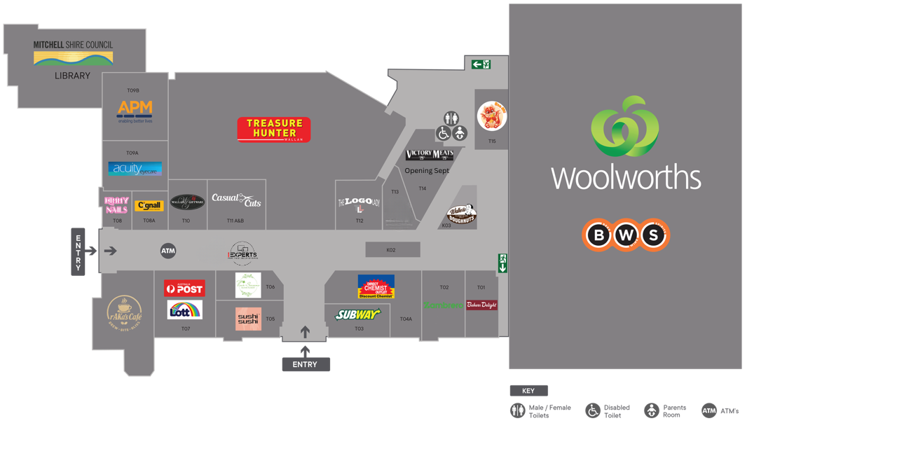 Wellington Square Shopping Centre centre map (2026) showing store locations including Woolworths, BWS, Treasure Hunter, Australia Post, Wallan Library, Direct Chemist Outlet, Bakers Delight, Subway, Zambrero, Sushi Sushi and more