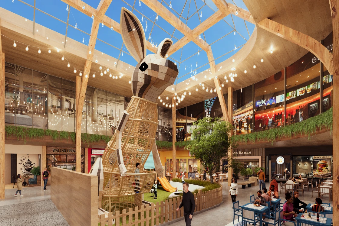 Architectural render of the proposed Wellington Square food court with indoor play area and dining