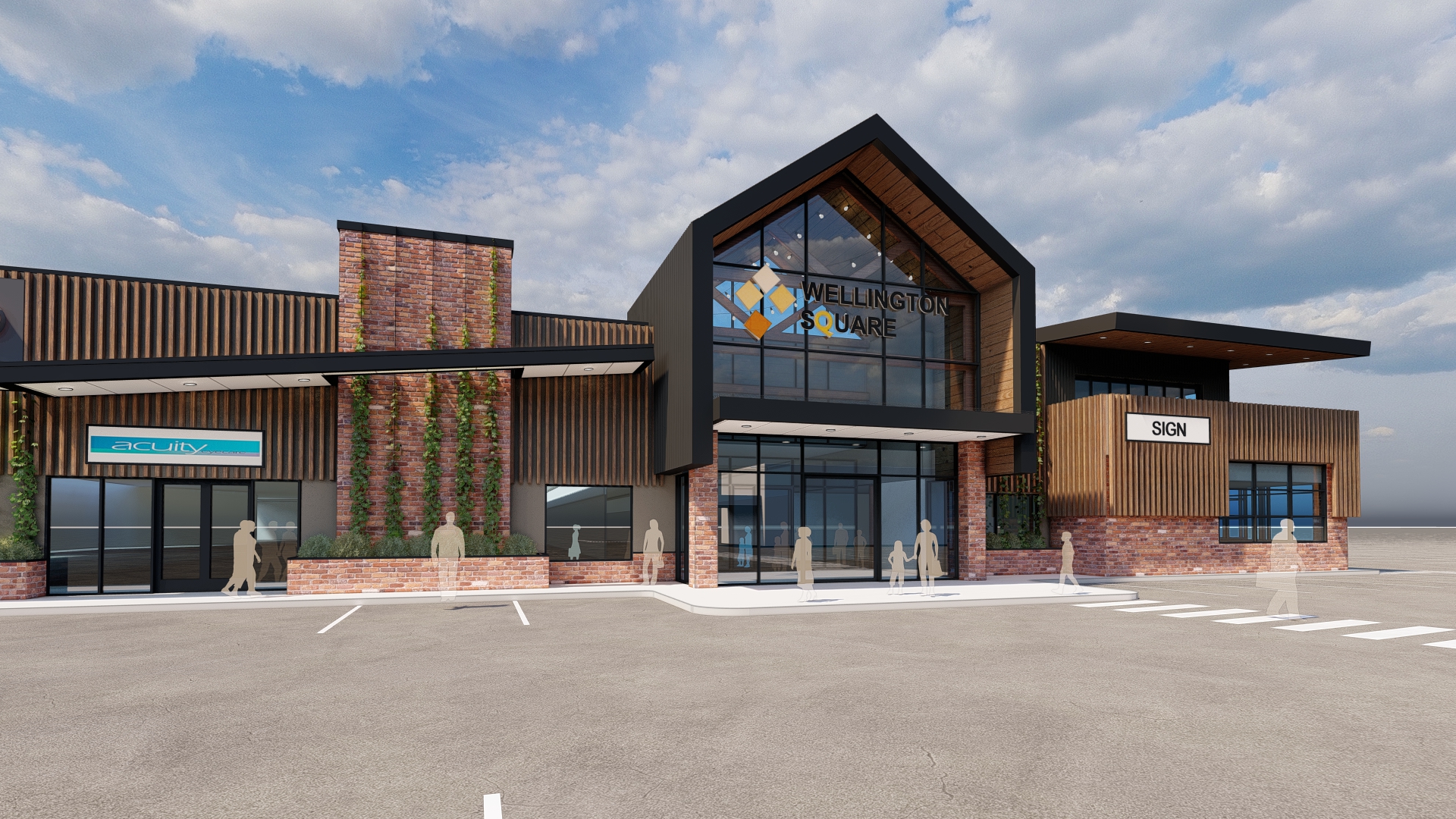 Architectural render of the proposed Wellington Square expansion — new entrance with restaurants, retail and entertainment