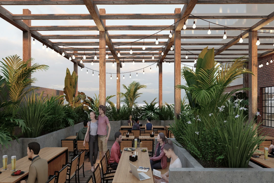 Architectural render of the proposed Wellington Square beer garden with outdoor dining and greenery