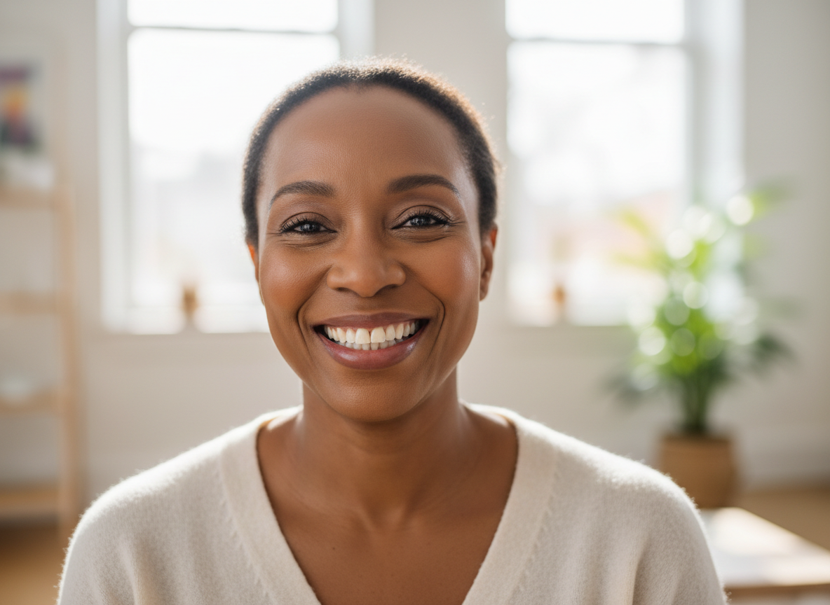 Confident woman with healthy glowing skin showing natural beauty and self-assurance