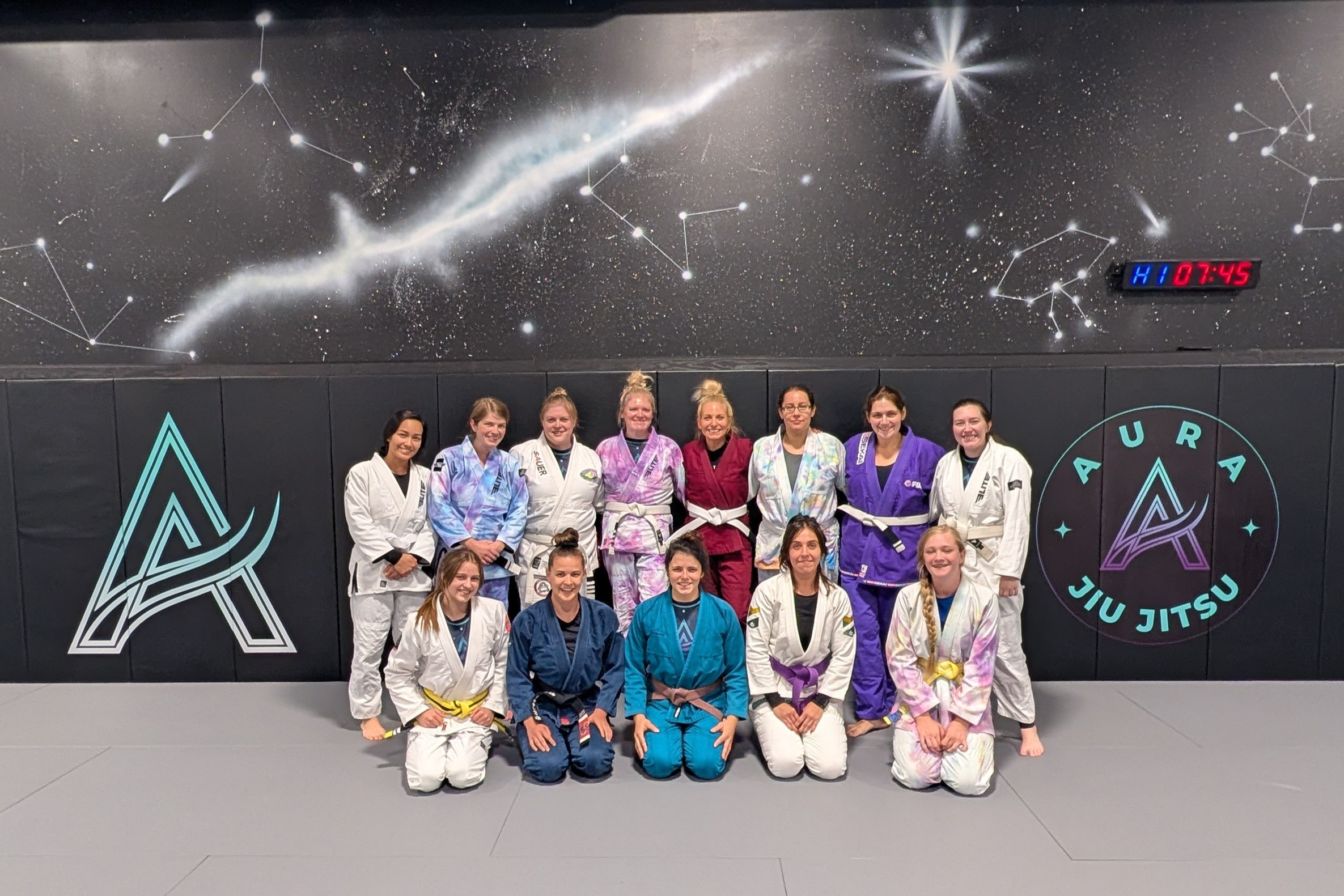 Aura Jiu Jitsu women's team training group photo in Mount Pleasant, WI