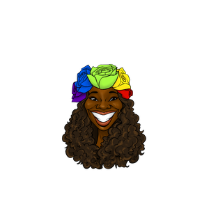 Vasthy smiling with rainbow flowers