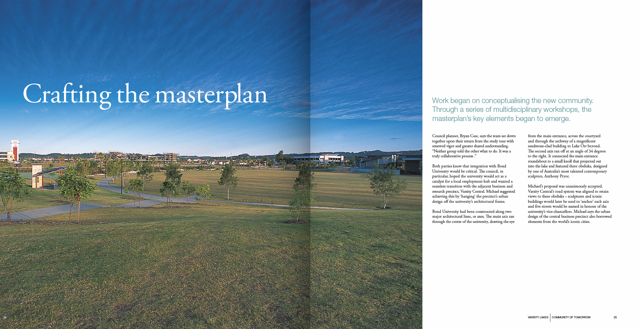 Crafting the Masterplan — Varsity Lakes community design, landscaped parkland with clock tower and winding pathways
