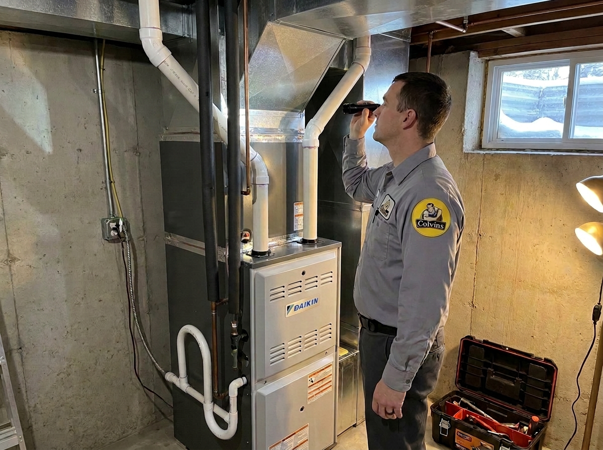 Colvin's HVAC technician installing a furnace in a West Branch, Ogemaw County home basement