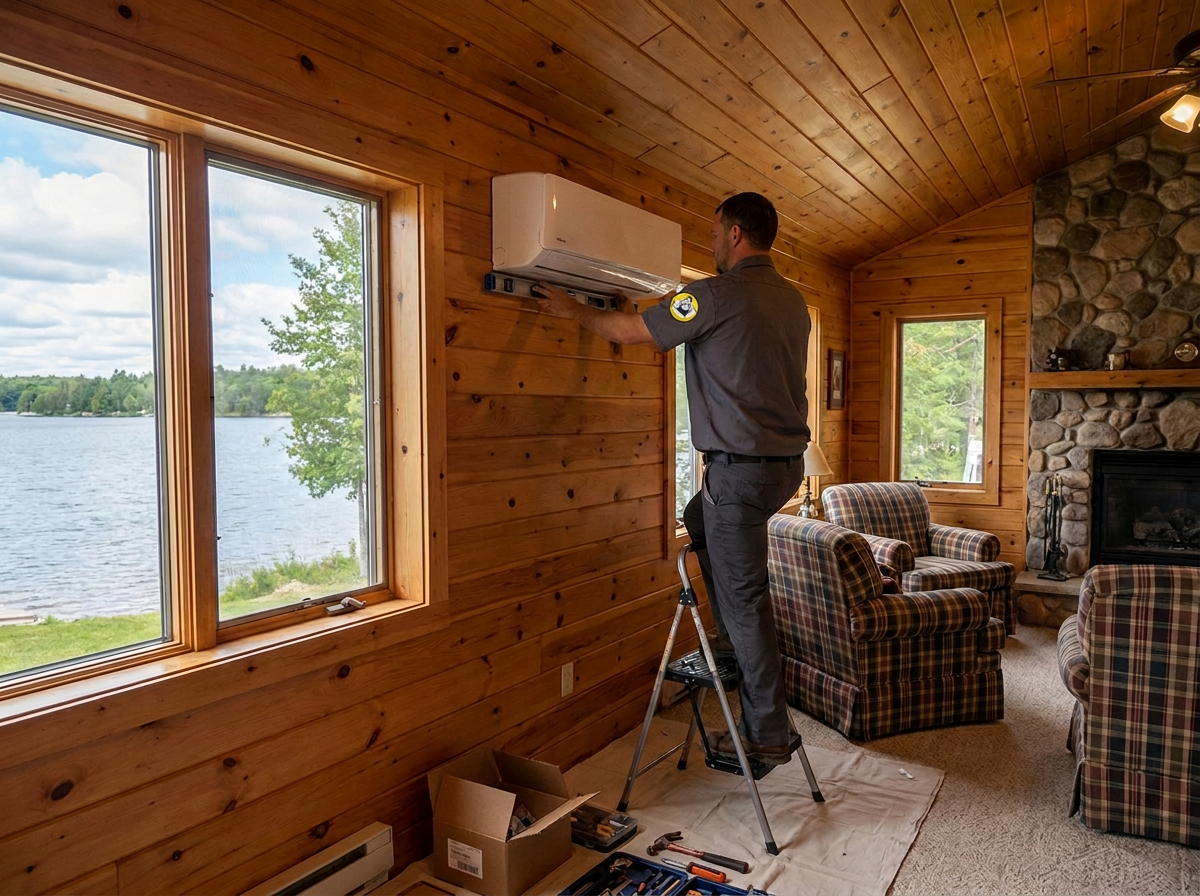 Colvin's HVAC technician installing a ductless mini-split in a lake cabin near Houghton Lake, Roscommon County