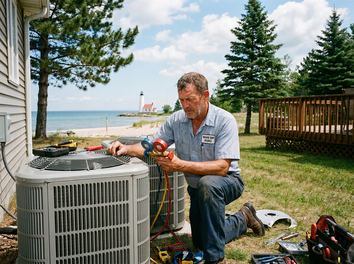 Colvin's HVAC technician servicing an air conditioning unit at a home in Tawas City, Iosco County with the Tawas lighthouse on Lake Huron in the background