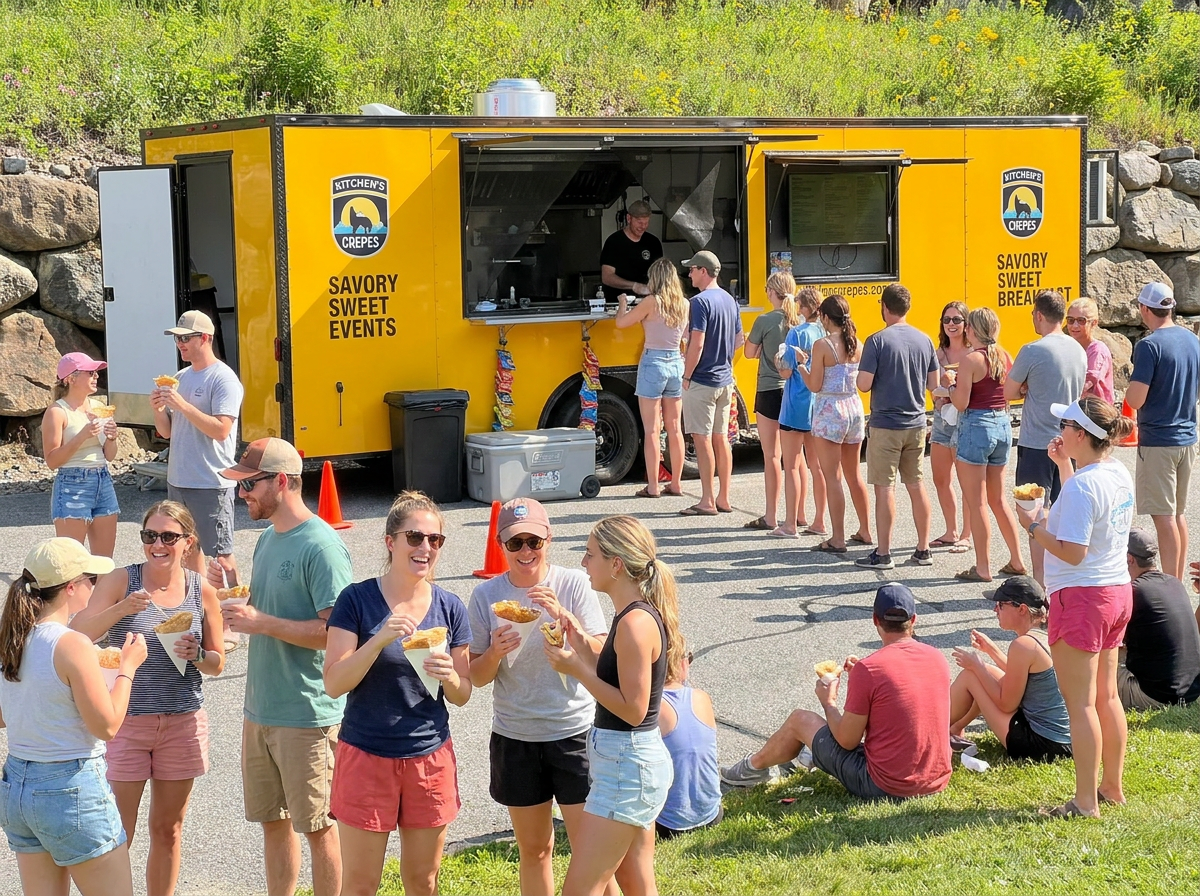 Crowd of people in line and eating crepes at Kitchen's Crepes trailer