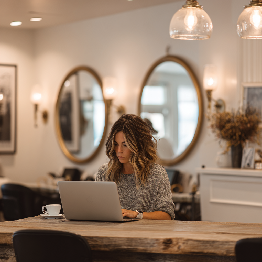 Salon owner reviewing financial reports on her laptop in a quiet corner of her salon