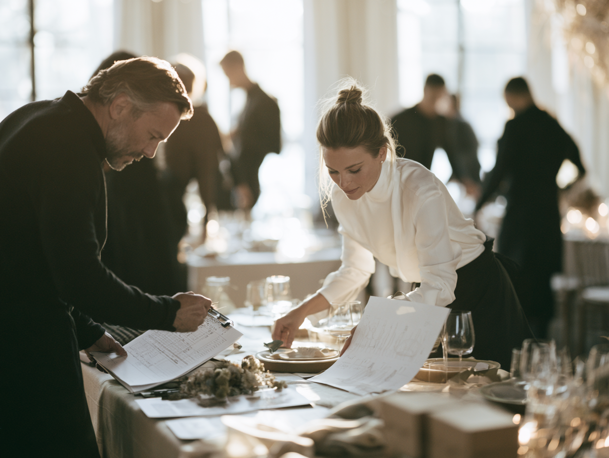 Event planning team coordinating a venue setup
