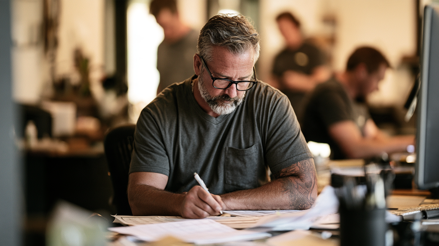 Business owner reviewing financial documents at a desk in a professional setting.