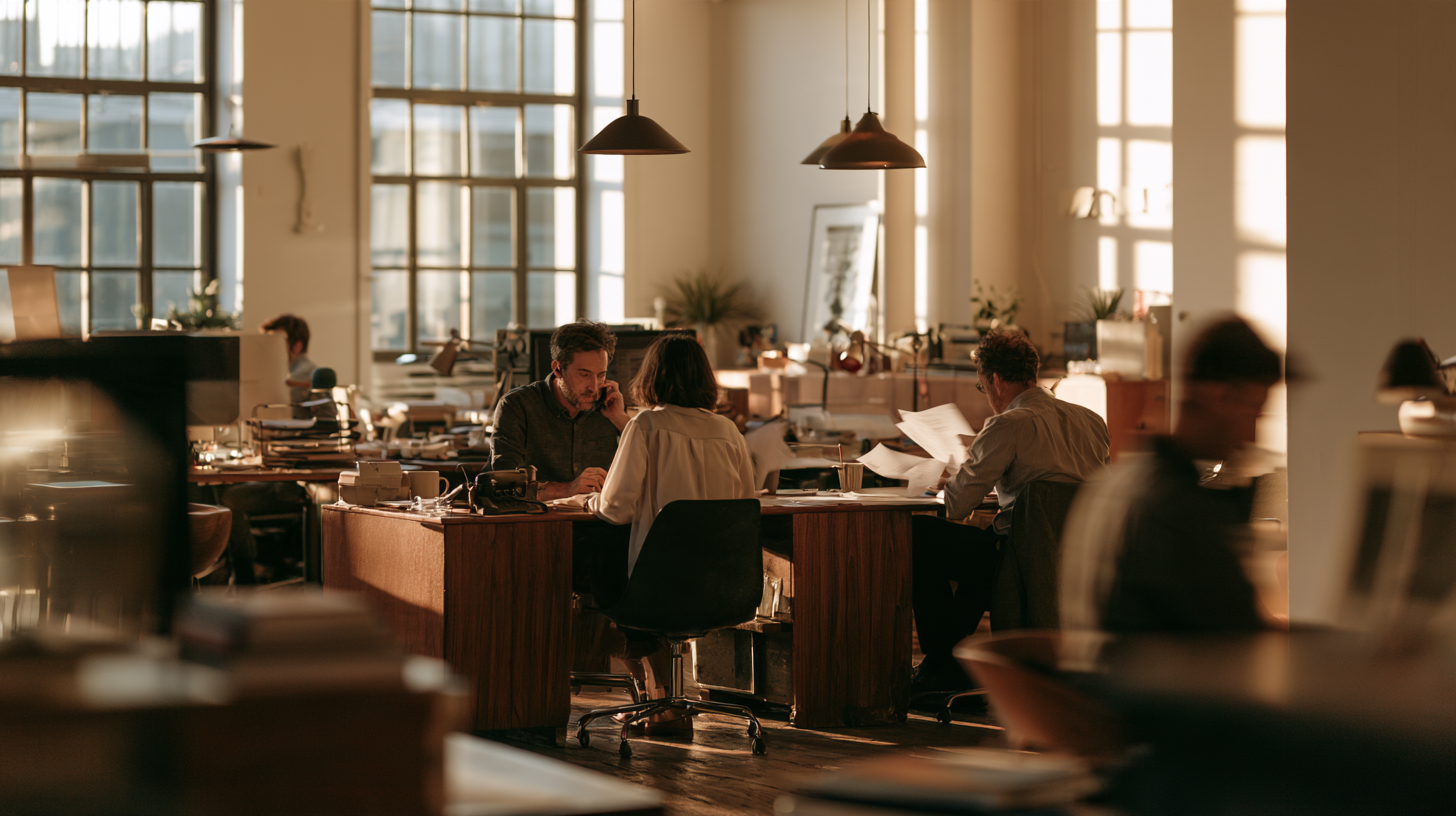 A small professional office with several people working at desks during a full working day.