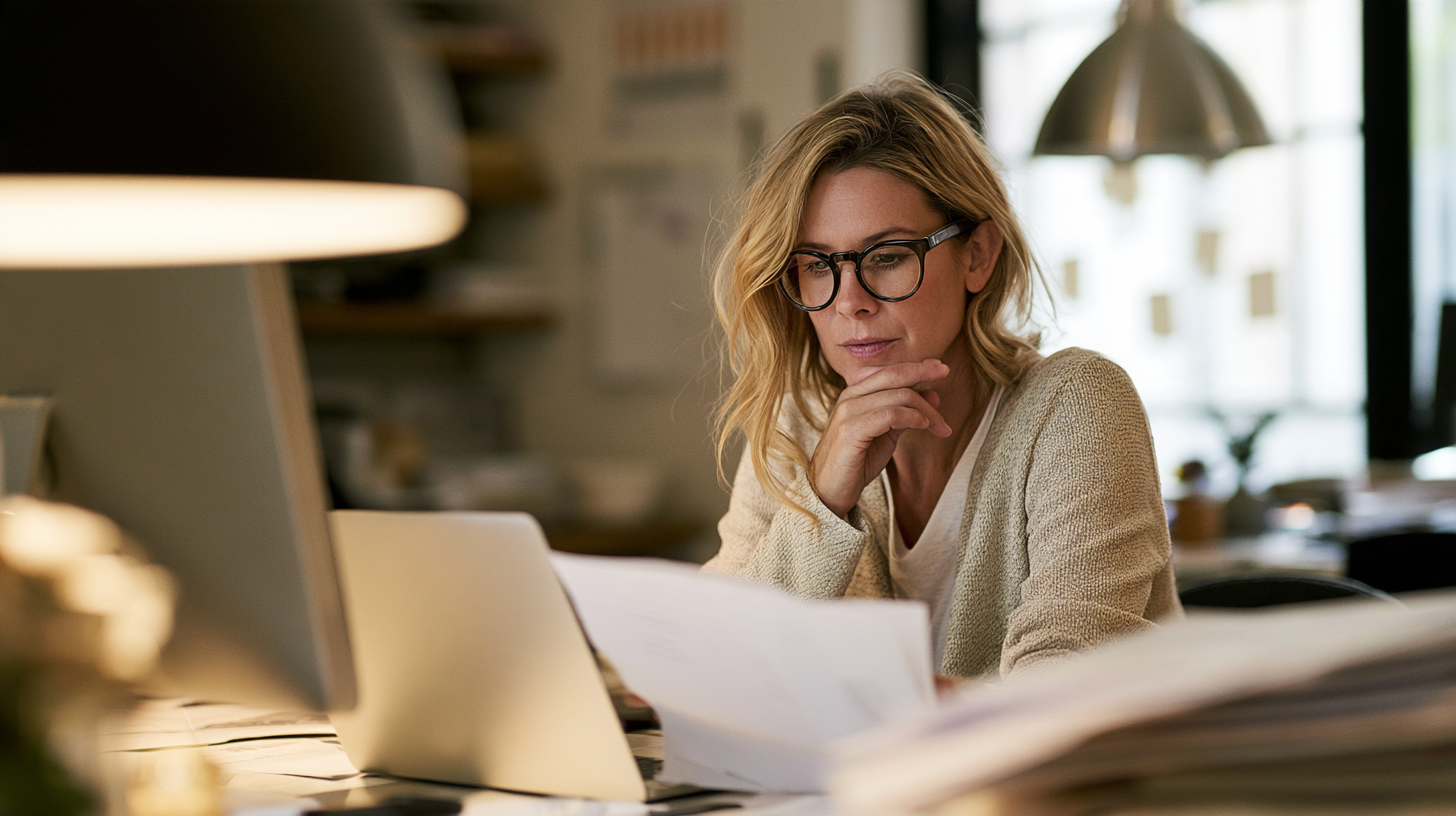 Business owner reviewing financial documents at a desk with a laptop, examining cash flow and revenue reports.
