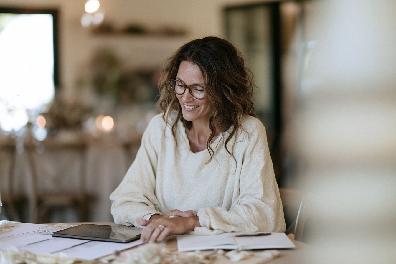 Small-business owner reviewing customer deposit records and upcoming work at her desk.